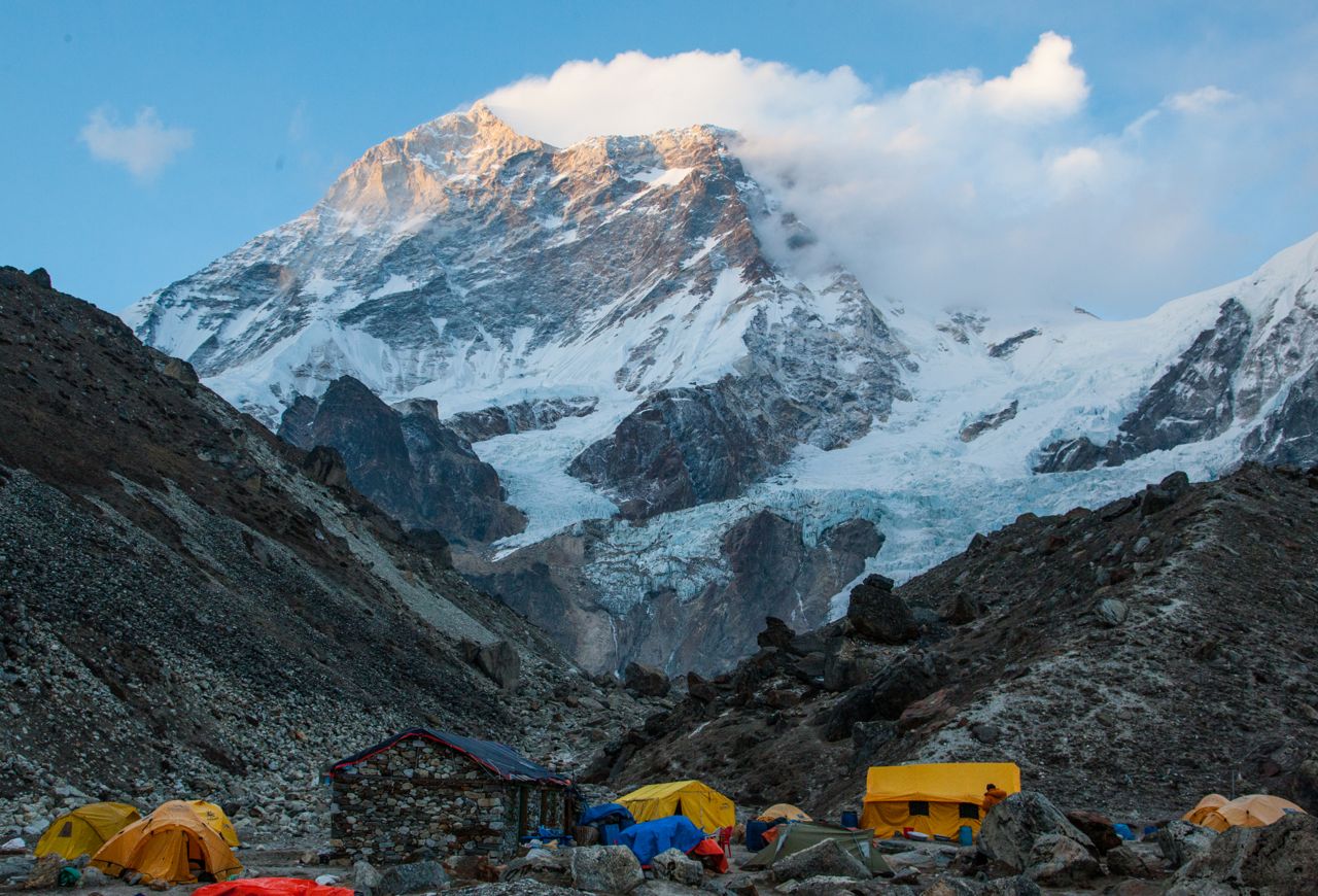 Makalu with base camp in the foreground