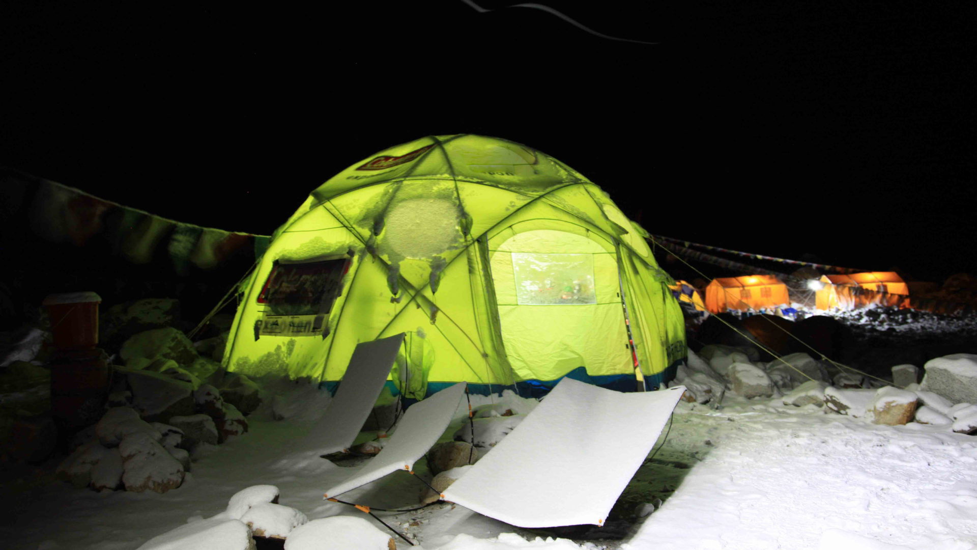 Mike Horn and Fred Roux's mess tent at Makalu Advanced base camp
